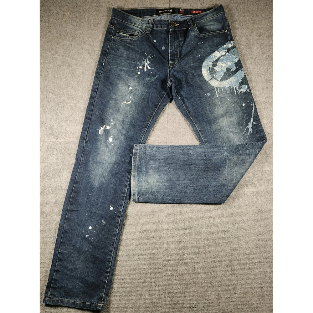 Ecko Unltd Jeans Mens 34 Athletic Fit Blue Paint Splatter Graphic Streetwear
